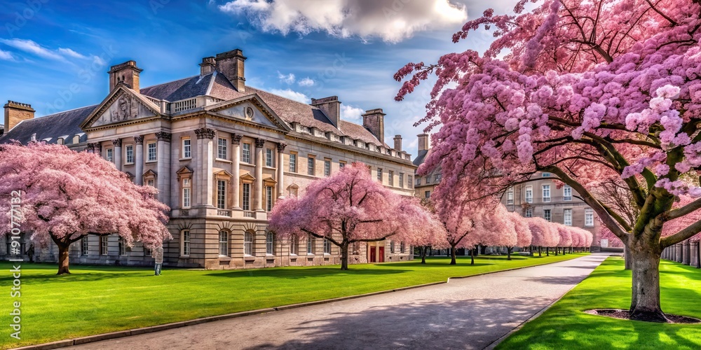 Obraz premium Cherry blossoms in full bloom at Trinity College in Dublin, Ireland, cherry blossoms, Trinity College, Dublin, Ireland