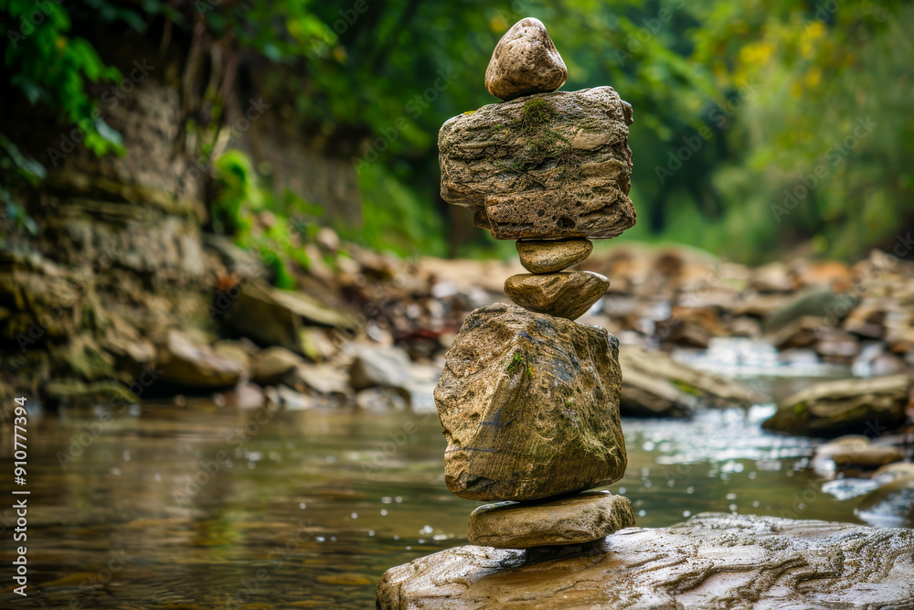 Obraz premium Stacked stones balanced on river surrounded by nature