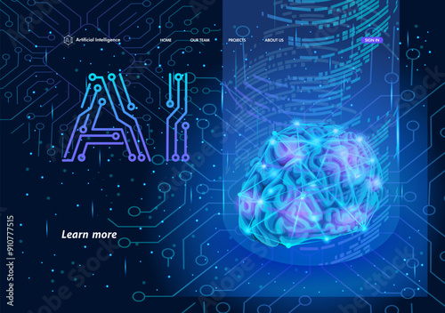 Landing page Isometric artificial intelligence business concept. Technological and engineering concept, technology of the future. Brain control center