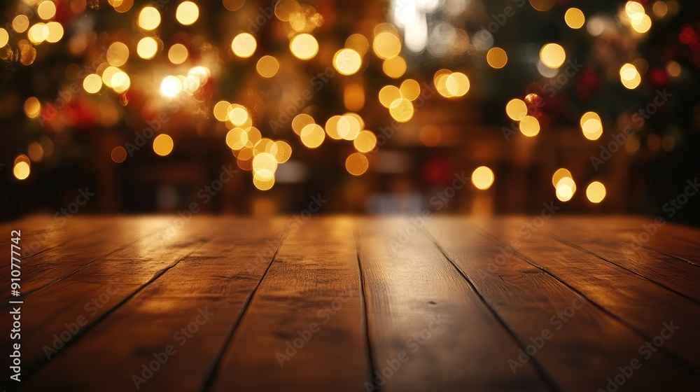 Smooth wooden table surface with an out-of-focus background of festive restaurant lights Smooth wooden table surface with an out-of-focus background of festive restaurant lights
