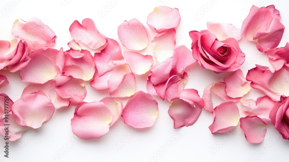 Soft pink rose petals in a loose arrangement on a white background, capturing the essence of love and romance Soft pink rose petals in a loose arrangement on a white background, capturing the essence of love and romance