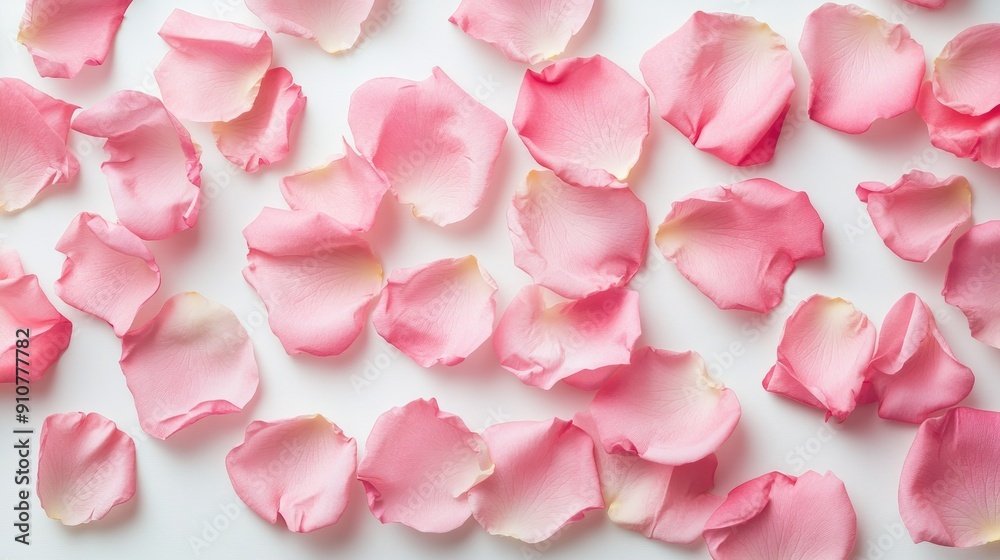 Soft pink rose petals scattered evenly on a white background, creating a romantic and elegant atmosphere Soft pink rose petals scattered evenly on a white background, creating a romantic and elegant atmosphere