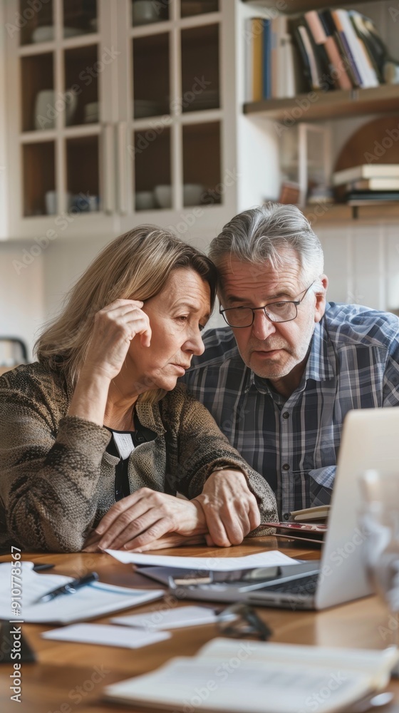 A couple discusses important matters while reviewing documents and using a laptop A couple discusses important matters while reviewing documents and using a laptop