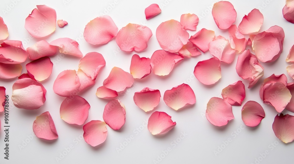 Top view of scattered pink rose petals on a white background, perfect for a romantic and elegant theme Top view of scattered pink rose petals on a white background, perfect for a romantic and elegant theme