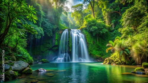 Waterfall in the depths of a lush forest, waterfall, forest, nature, trees, greenery, serene, peaceful, tranquil, beauty