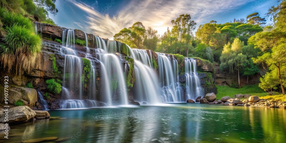 Fototapeta premium Beautiful waterfall in a serene country setting, nature, landscape, scenic, tranquil, water, cascading, outdoors, environment