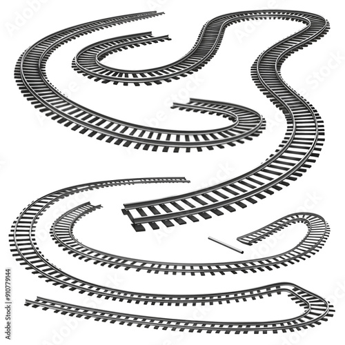Set of curved train tracks illustration isolated on transparent background