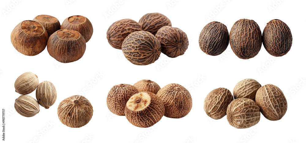 Set of whole dried nutmeg seeds close up isolated on white background transparent PNG Set of whole dried nutmeg seeds close up isolated on white background transparent PNG