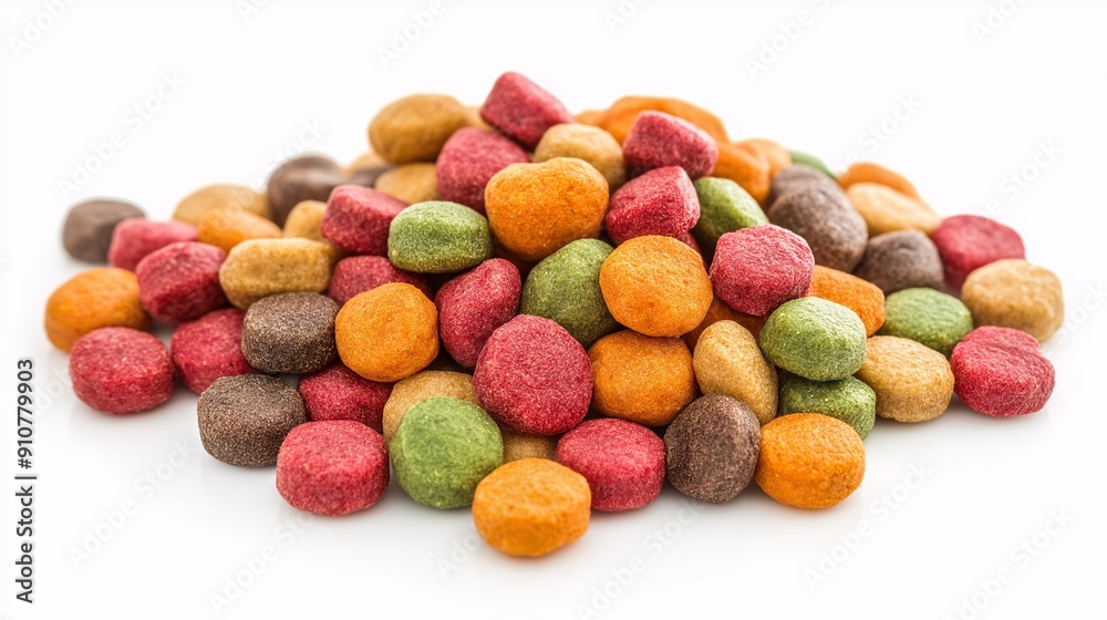 A pile of multicolored dry dog food kibbles, isolated on a white background. A pile of multicolored dry dog food kibbles, isolated on a white background.