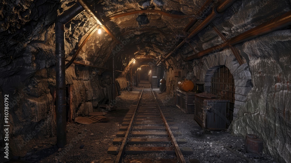 Dark, Abandoned Mine Tunnel with Rail Tracks and Rusty Pipes Dark, Abandoned Mine Tunnel with Rail Tracks and Rusty Pipes
