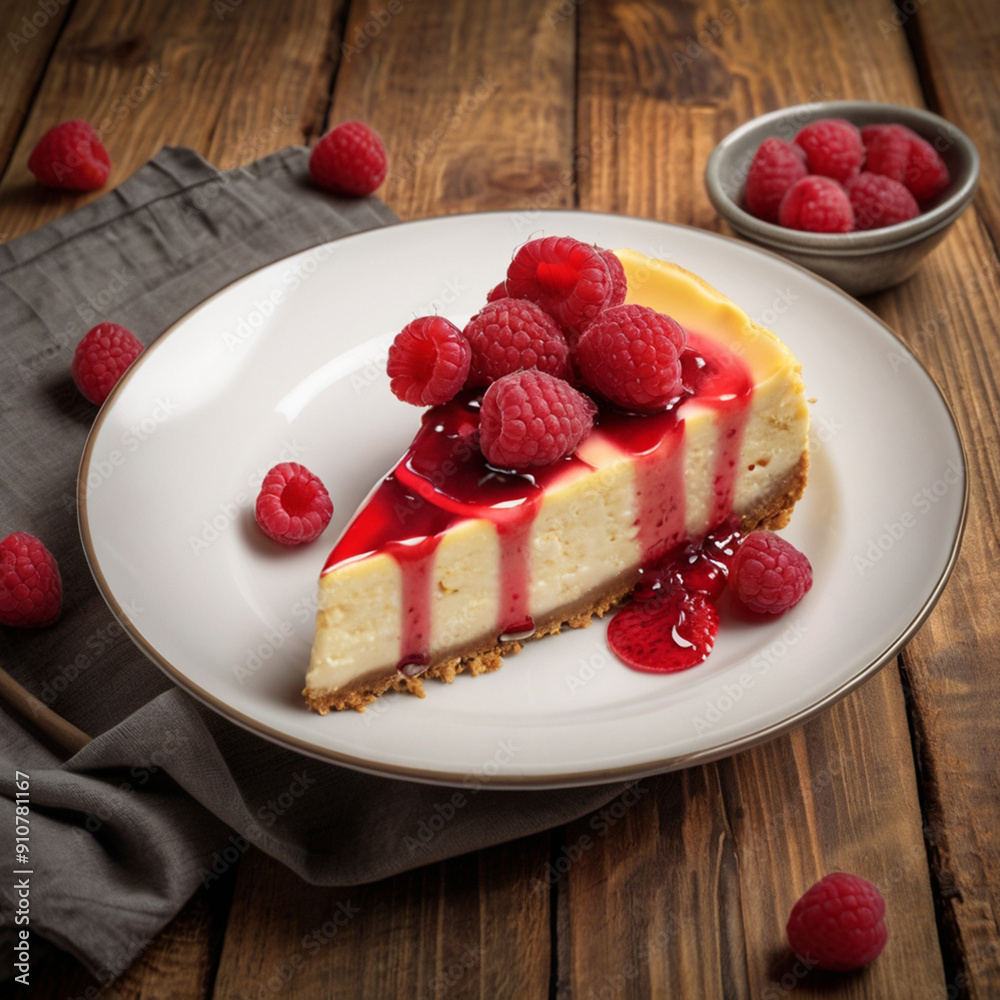 National Raspberries n’ Cream Day.
Plate with delicious raspberry cheesecake. On a wooden background