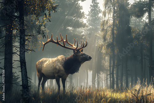 A majestic elk stands in a misty forest, bathed in golden sunlight.