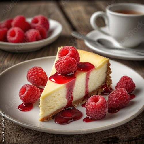 National Raspberries n’ Cream Day.
Plate with delicious raspberry cheesecake. On a wooden background photo