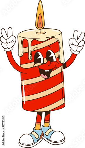 Retro groovy Christmas candle character with striped pattern, burning wick and arms raised in a victory pose. Isolated cartoon vector lit candle with a cheerful smile and wax dripping down its sides