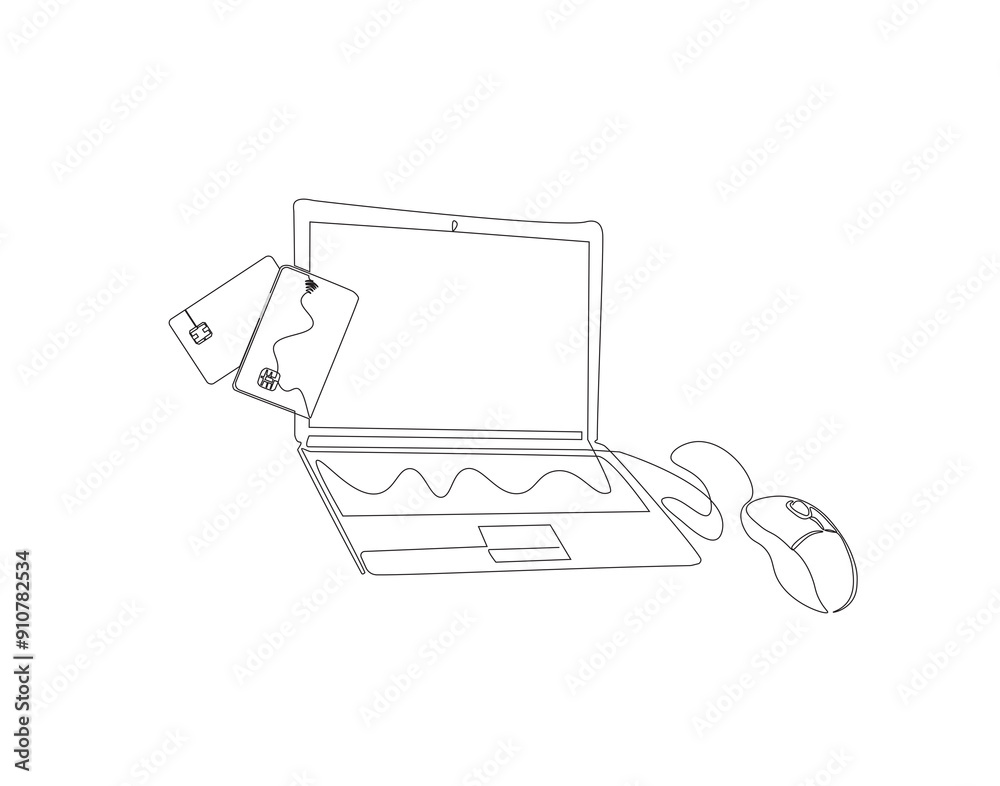 Fototapeta premium Continuous one line drawing of laptop with credit cards. Single line drawing illustration of laptop computer with credit cards. E-commerce, Businnes, Shopping concept line art. Editable outline