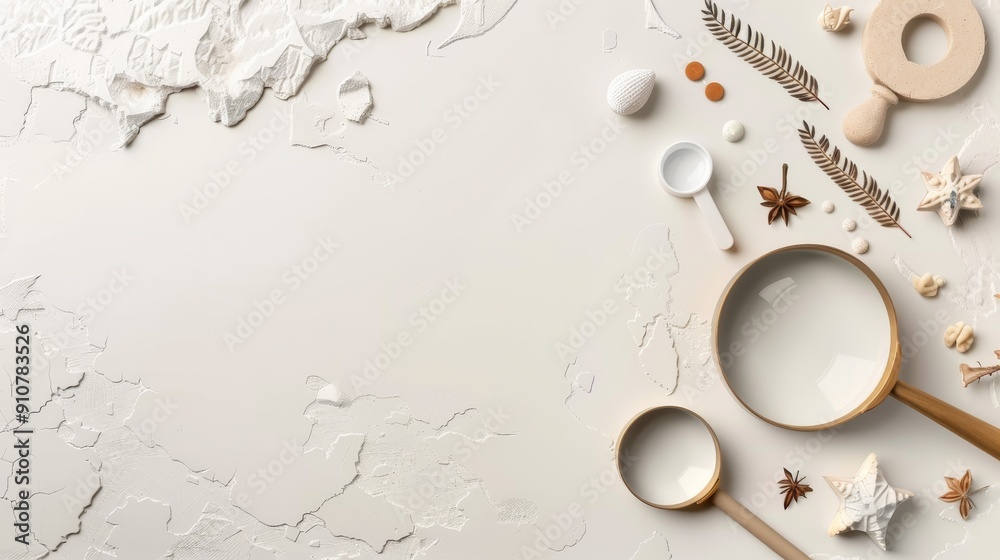 Fototapeta premium Minimalistic kitchen utensils and natural elements arranged on a textured white background. Ideal for culinary and hospitality themes.