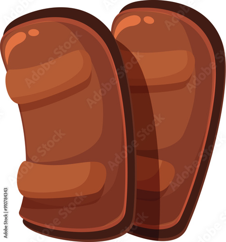 Pair of brown leather shin guards for playing hockey standing up
