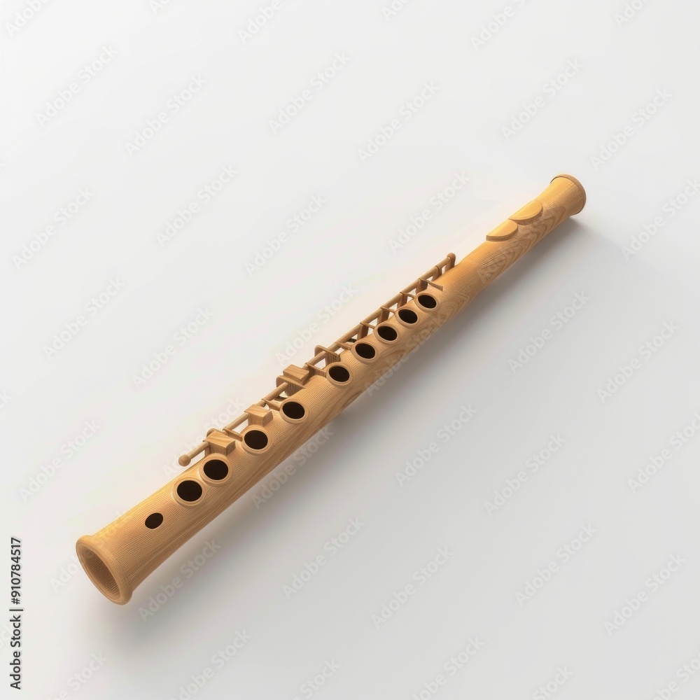 3D Render, Low Poly style of a wooden flute with simple keys, on isolated white background 3D Render, Low Poly style of a wooden flute with simple keys, on isolated white background