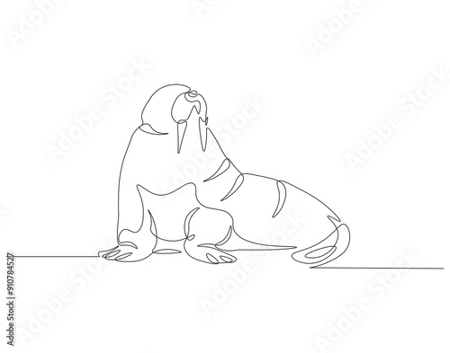 Continuous one line drawing of ocean walrus. One line drawing illustration of ocean seal. Marine mammal animal concept continuous line art. Editable outline.
