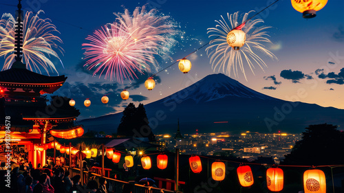 日本の祭りと富士山の花火
