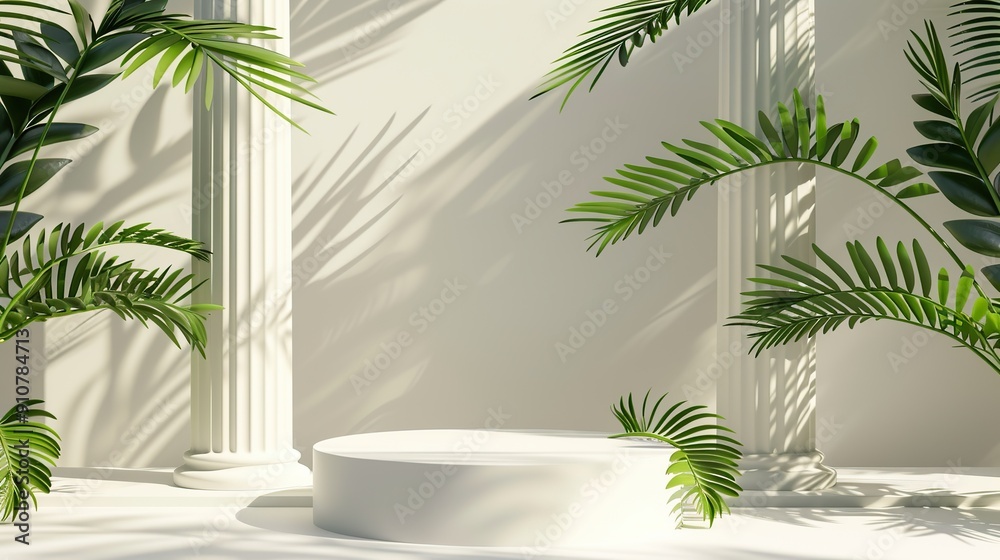 Fototapeta premium A minimalist scene with a podium and natural elements.