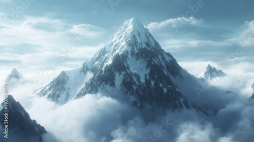 Majestic snow-covered mountain peak emerging through clouds under soft sunlight symbolizing natural beauty strength and achievement in a serene landscape