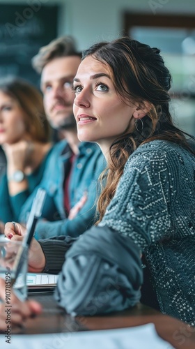 A woman listens attentively during a collaborative meeting with colleagues in a bright workspace