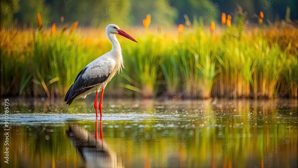 Fototapeta premium Stork standing in a murky swamp , wetland, bird, wildlife, nature, habitat, feathers, water, reeds, environment, ecosystem, swampy