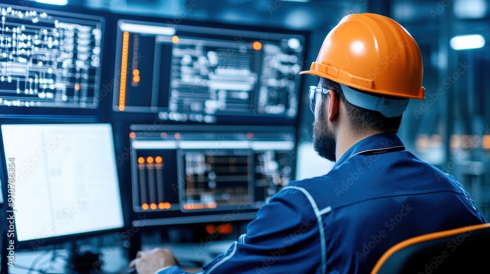 Advanced control room for clean energy, grid management tools, technician with a hard hat Advanced control room for clean energy, grid management tools, technician with a hard hat