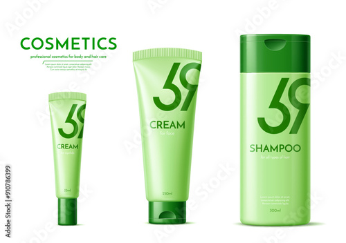 Green shampoo bottle and cream tube cosmetic product package template. Vector cosmetics ad showcases professional production for body and hair care including face and eyelid cream realistic 3d mockups