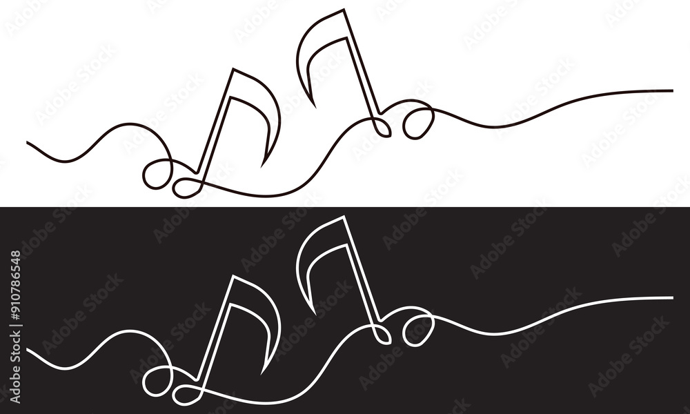continuous single line drawing of music notes and treble clef, abstract sheet music line art vector illustration. isolated on white and black background. EPS 10 continuous single line drawing of music notes and treble clef, abstract sheet music line art vector illustration. isolated on white and black background. EPS 10