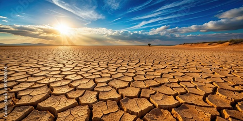 Dry, cracked soil in a desert landscape from the effects of climate change, drought, arid, global warming, cracked photo