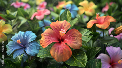 Colorful hibiscus flowers in a lush green garden, close-up.