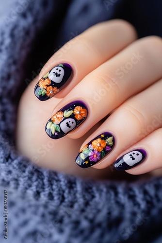 woman's hands with dark purple nail polish, featuring intricate Halloween-themed nail art on accent nails. The designs include cute ghosts, orange flowers