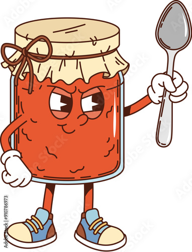 Retro groovy jam jar or breakfast funky character with face, cartoon vector. Groovy retro comic marmalade or fruit jam jar character with spoon and grumpy face for kids breakfast comic food emoji