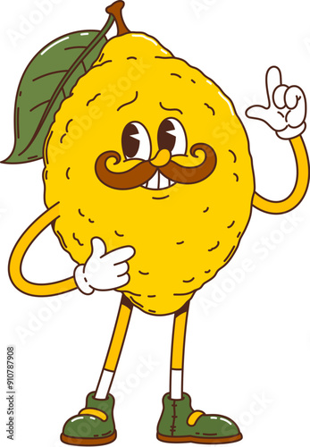 Cartoon groovy lemon citrus fruit character with a large mustache and a pointing gesture, sporting green shoes and standing confidently. Isolated vector fruit embodies energetic tropical citrusy vibes