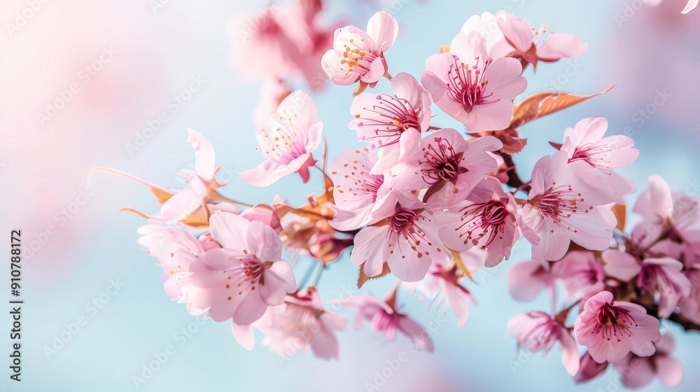 Soft pink cherry blossoms against a pale blue sky, creating a gentle and soothing background for your content. Soft pink cherry blossoms against a pale blue sky, creating a gentle and soothing background for your content.