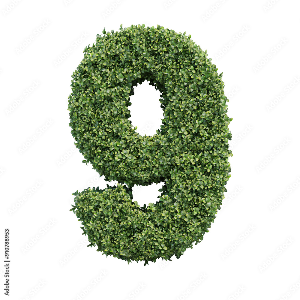Realistic plant leaves bush alphabet number 9 nine isolated on transparent background. It is part of a set which also includes letters and shapes. Realistic plant leaves bush alphabet number 9 nine isolated on transparent background. It is part of a set which also includes letters and shapes.