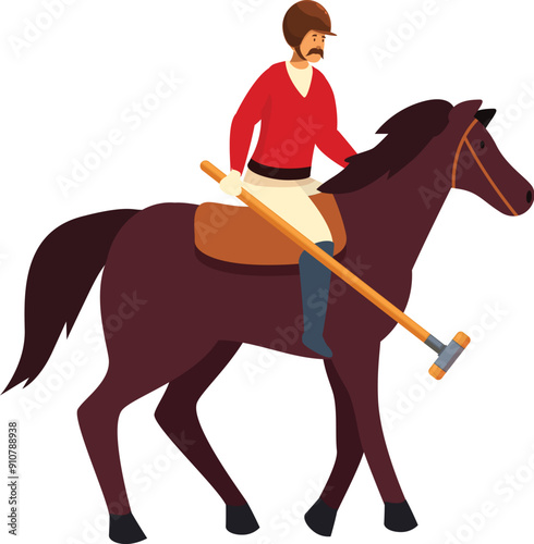 Horseman, wearing a helmet and red shirt, sits astride his brown horse, mallet in hand, ready for the next play