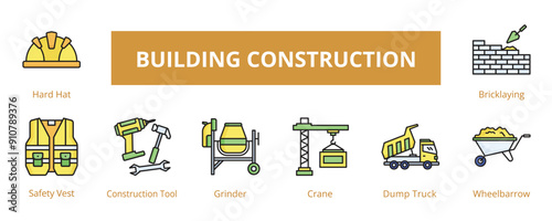 Building Construction Lineal Color Banner Web Icon Set Vector Illustration, Hard Hat Safety Vest Construction Tool Grinder Crane Dump Truck Wheelbarrow Bricklaying