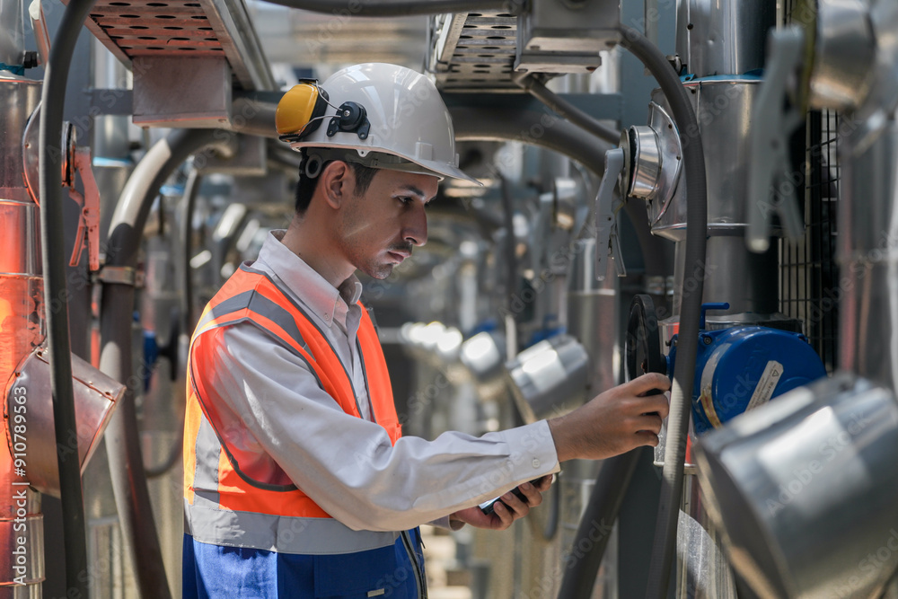 Engineers inspect gas and water pipes for power and cooling in industrial and building systems. workers in safety gear work seriously in oil and gas refining plant with pipes connecting to machinery. Engineers inspect gas and water pipes for power and cooling in industrial and building systems. workers in safety gear work seriously in oil and gas refining plant with pipes connecting to machinery.