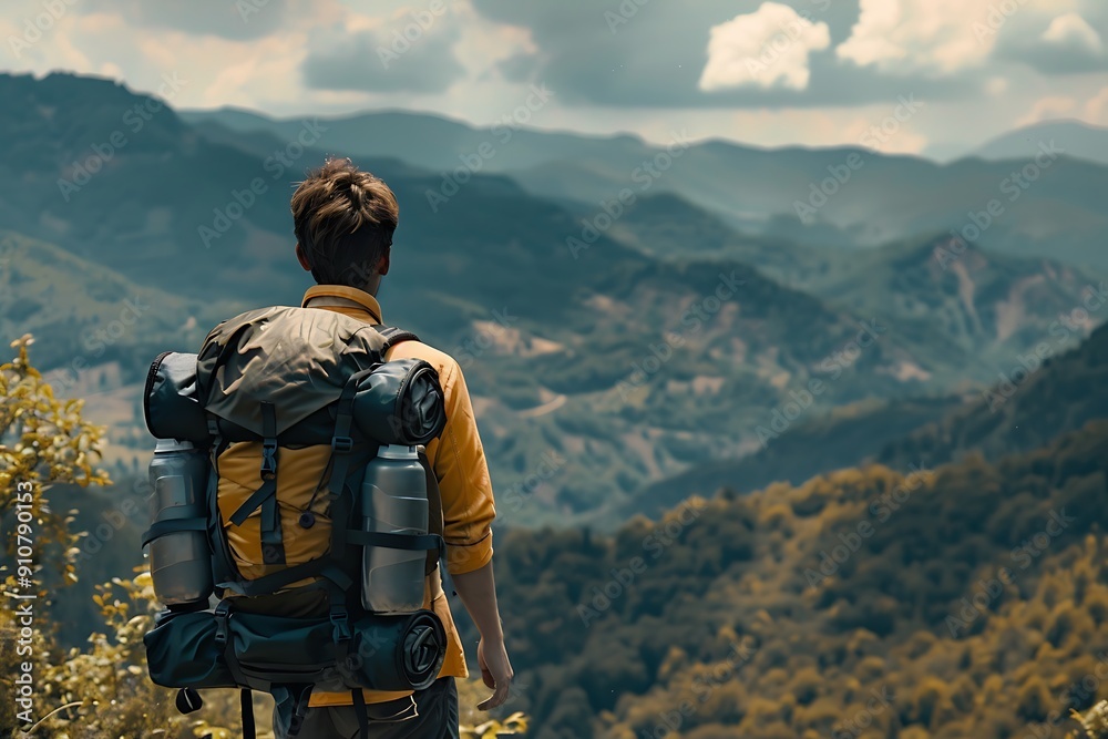 Backpacking hiker admiring mountain vista. Backpacking hiker admiring mountain vista.