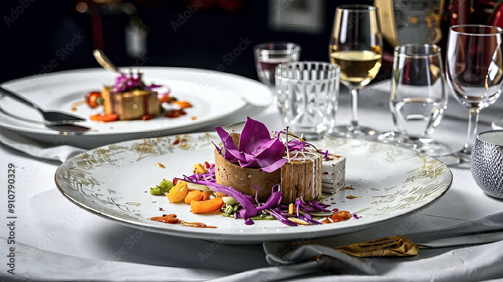 Exquisite gourmet dishes served in a refined atmosphere. Elegant table setting for a banquet.