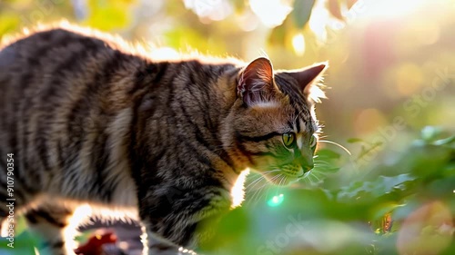 A striped cat walks through fallen autumn leaves, focused and attentive, in a natural outdoor environment. Animal behavior studies, pet care, veterinary medicine and pet shop stores