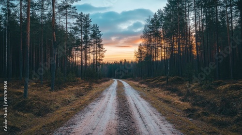 A Dirt Road Through a Forest at Sunset