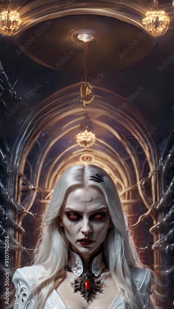 Halloween vampire with white grey hair with scarylook, evil look, detailed dress, vampire lady in haunted iluminated mansion hall Halloween vampire with white grey hair with scarylook, evil look, detailed dress, vampire lady in haunted iluminated mansion hall