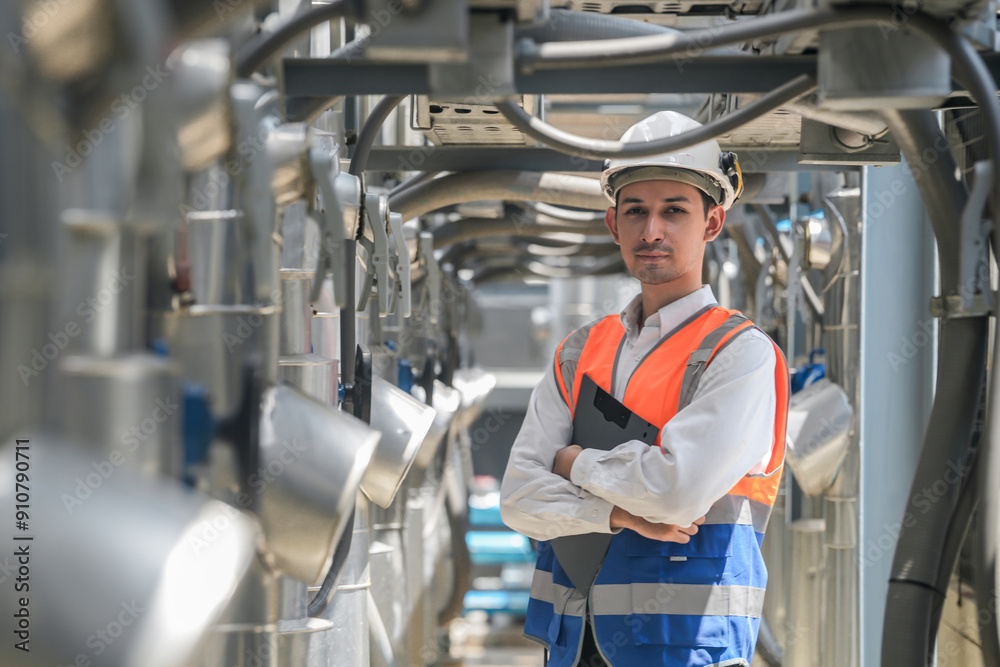 Engineers inspect gas and water pipes for power and cooling in industrial and building systems. workers in safety gear work seriously in oil and gas refining plant with pipes connecting to machinery.