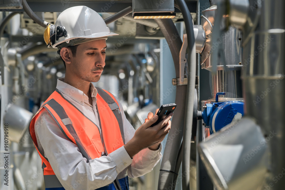 Engineers inspect gas and water pipes for power and cooling in industrial and building systems. workers in safety gear work seriously in oil and gas refining plant with pipes connecting to machinery. Engineers inspect gas and water pipes for power and cooling in industrial and building systems. workers in safety gear work seriously in oil and gas refining plant with pipes connecting to machinery.