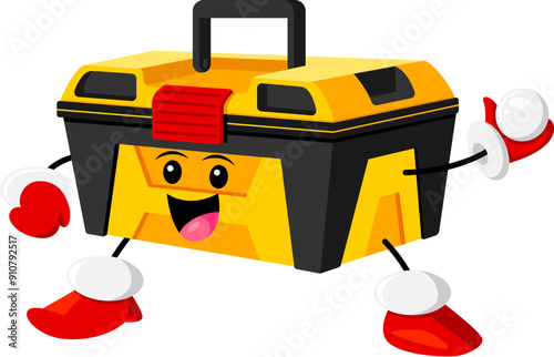 Cartoon Christmas toolbox diy and repair character gleefully plays snowballs. Isolated vector playful box for construction tools and instruments tossing snow balls with joy amidst a winter wonderland