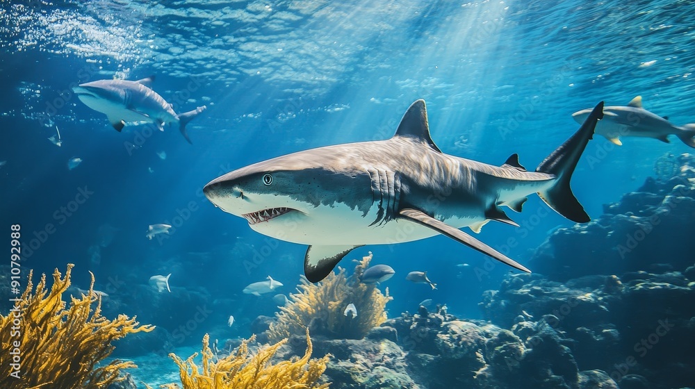 Obraz premium Sharks swim in a vibrant underwater coral reef scene.